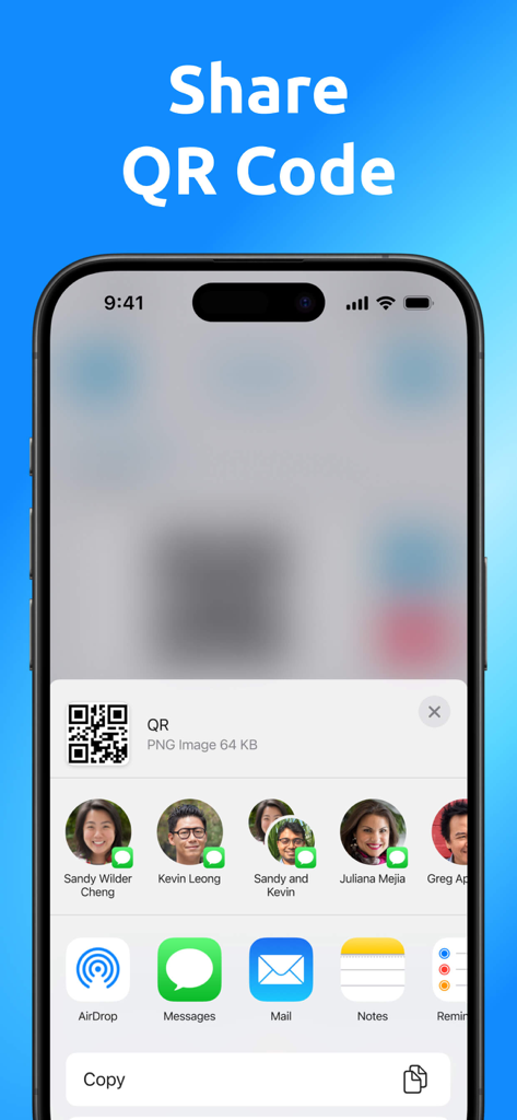 QR Code Generator Pro‎ - iOS-Share-Menü, das ein generiertes QR-Code-Bild aus der QR Code Generator Pro-App anzeigt