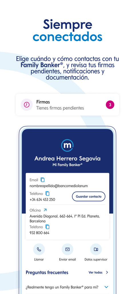 Banco Mediolanum España - Interfaz de la aplicación de Banco Mediolanum que muestra un perfil de Family Banker con opciones de contacto y notificaciones de firma