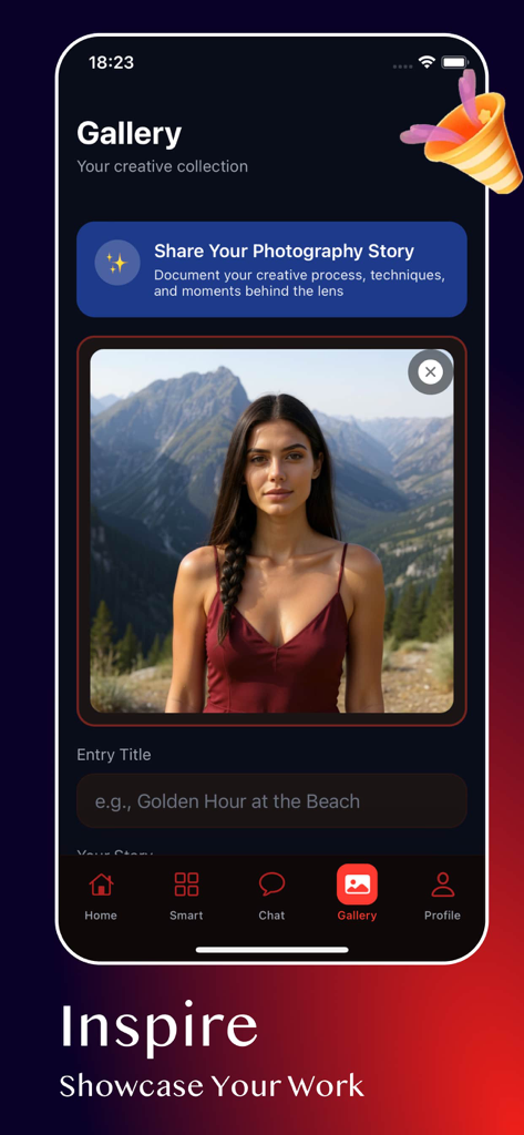 Closer - Join chat - Una pantalla móvil que muestra la interfaz de la galería de la aplicación Closer donde los usuarios pueden compartir sus historias de fotografía con un título y una narrativa.