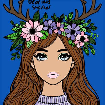 realistic girl with flowers crown and antlers