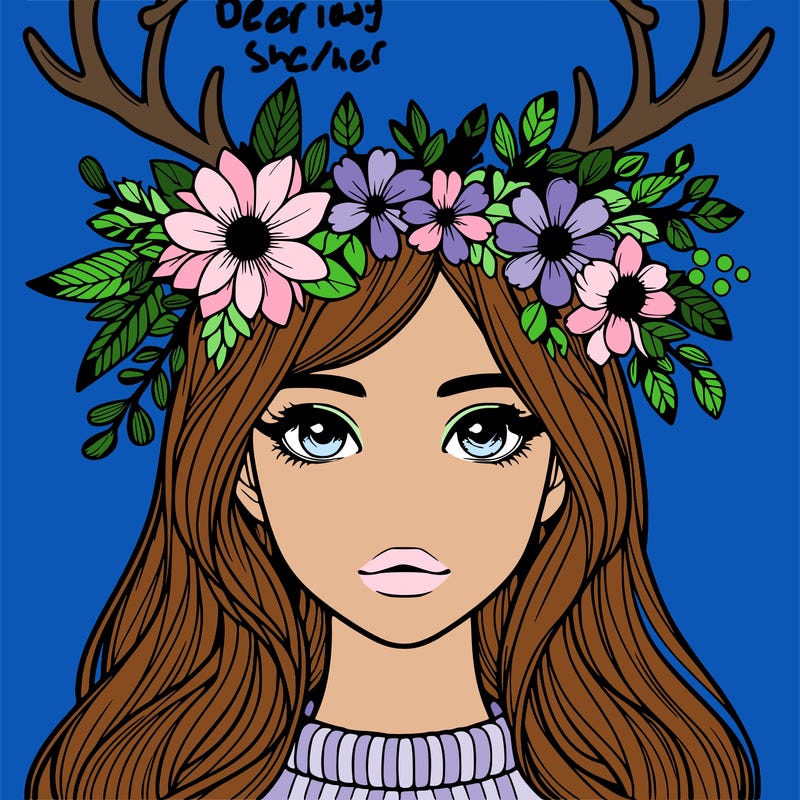 realistic girl with flowers crown and antlers