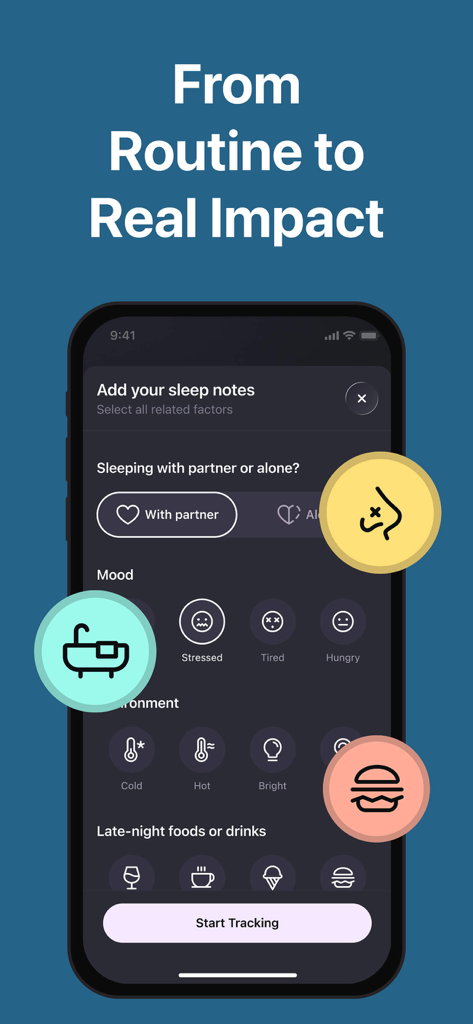 Snore Tracker - Record Snoring - Interface of the Snore Tracker sleep journal for logging mood and lifestyle factors before tracking