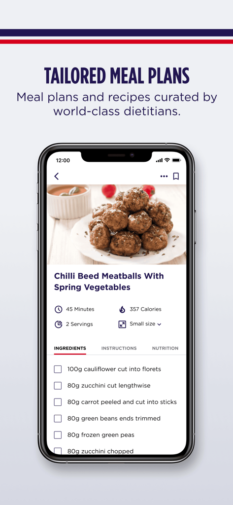 F45 Training - Écran mobile de l'application F45 Training montrant une recette saine de boulettes de bœuf au piment avec des détails nutritionnels et des ingrédients personnalisés.