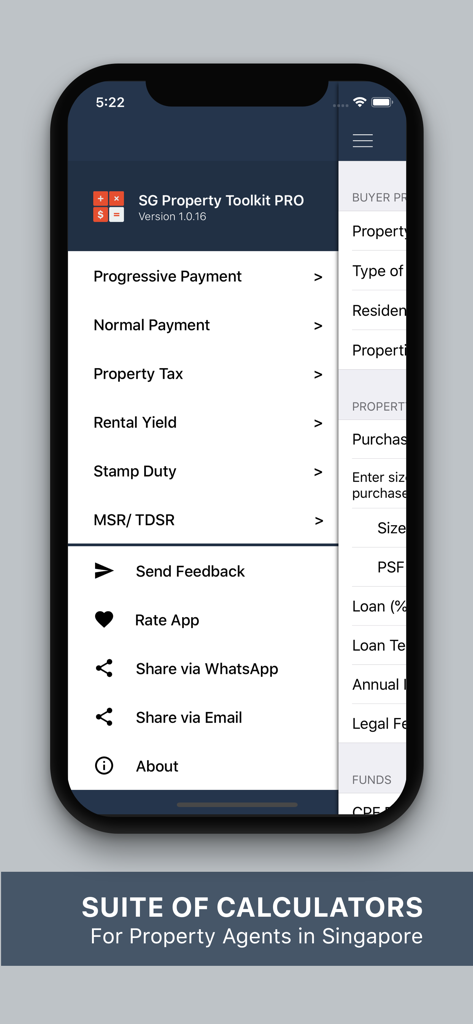SG Property Toolkit PRO - Side menu of SG Property Toolkit PRO app displaying various real estate financial calculators