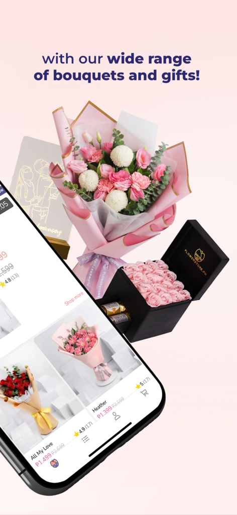 FlowerStore.ph Flowers & gifts - A mobile app interface displaying various flower arrangements and gift boxes for delivery.