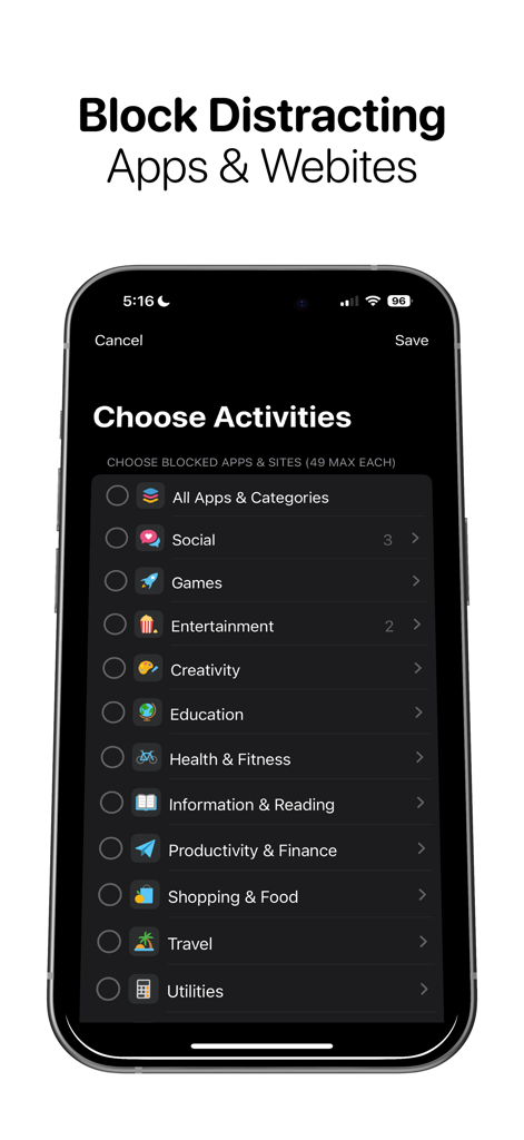 Bloom - Conquer Screen Time - A screenshot of the Bloom app showing the Choose Activities screen where users can select app categories like Social, Games, and Entertainment to block.