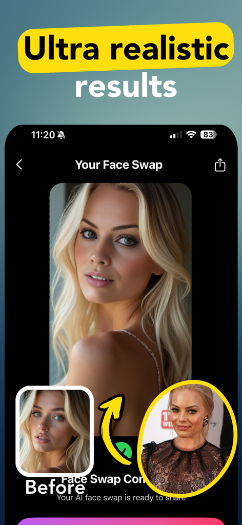Face Swap - DeepFace AI - Pantalla de la aplicación móvil mostrando un resultado profesional de intercambio de caras con IA de calidad ultra realista.