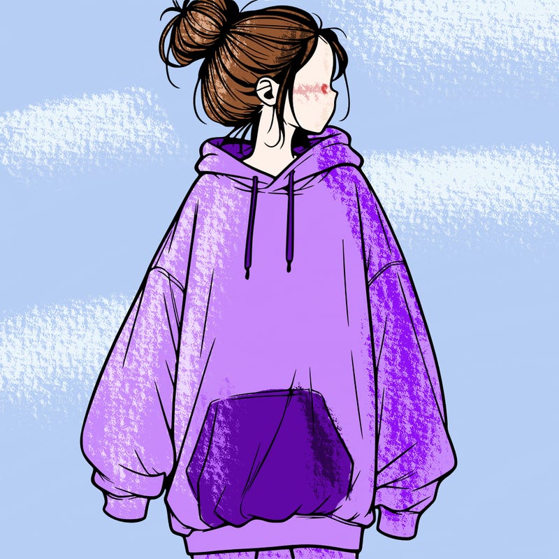 realistic girl with a oversized sweatshirt on and a bun