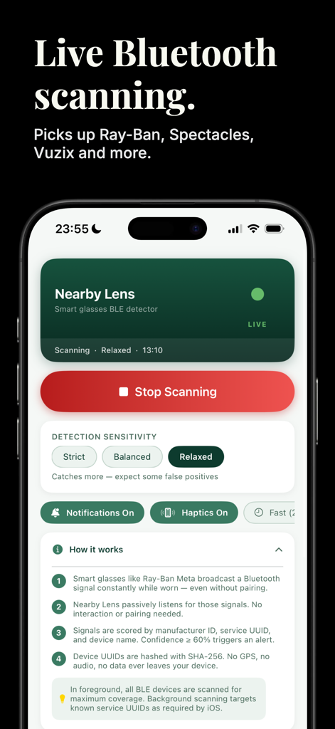 Nearby Lens app interface showing live Bluetooth scanning to detect nearby smart glasses with sensitivity controls.