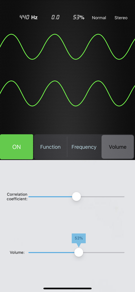 Signal Generator - Wave - Audio signal generator app interface showing green sine waves and volume settings