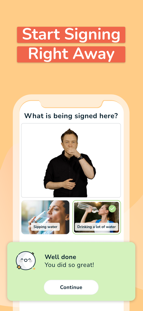 Auslan Wiz app screenshot showing an interactive sign language quiz with visual multiple choice answers