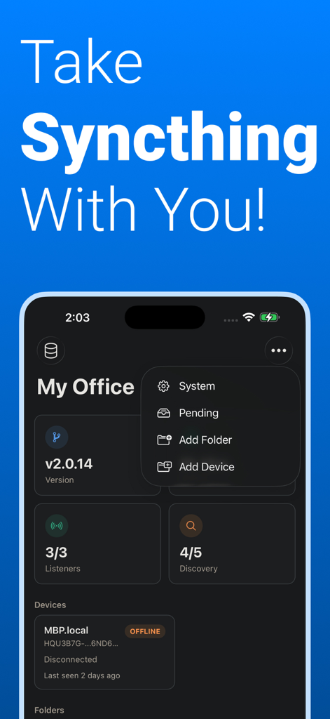 Syncthing Monitor - Syncthing Monitor app dashboard on iPhone showing server status and device list