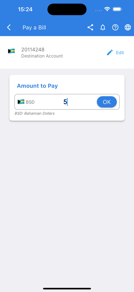 MyBTC - MyBTC app interface for paying bills showing a Bahamian Dollar amount entry
