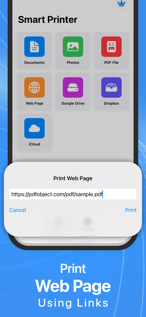 Smart Printer : Instaprint App - Interface of Smart Printer app showing the option to print web pages by entering a link