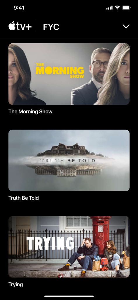 Apple TV+ Screeners - Interfaccia dell'app Apple TV plus Screeners che mostra un elenco di titoli For Your Consideration FYC, tra cui The Morning Show e Truth Be Told