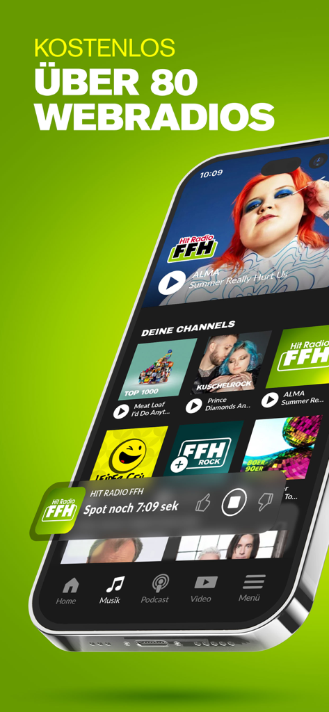 HIT RADIO FFH mobile app screen showing various music channels and over 80 free web radios.