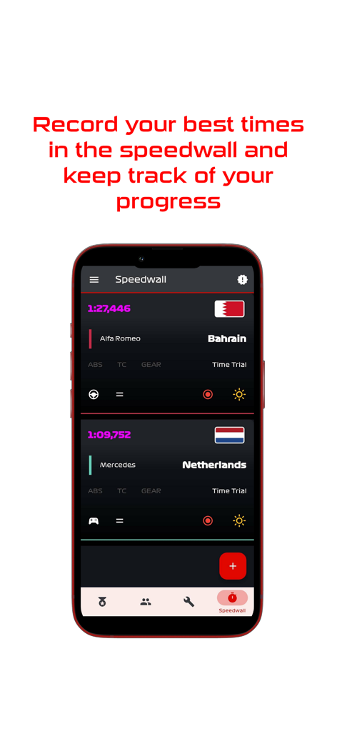 Formula Game Companion - Interfaz Speedwall en la aplicación Formula Game Companion mostrando tiempos de vuelta registrados para las pistas de Bahréin y Países Bajos.