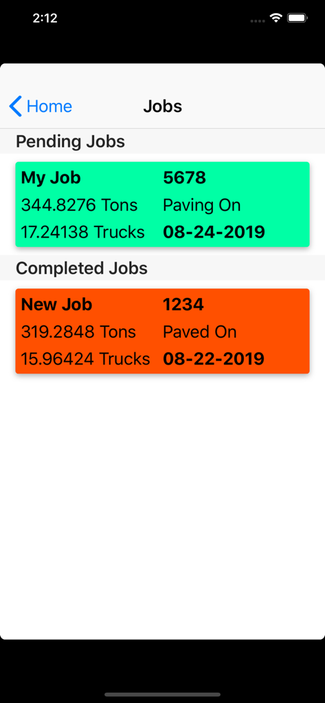 Jobs list screen showing pending and completed paving projects with ton and truck calculations.