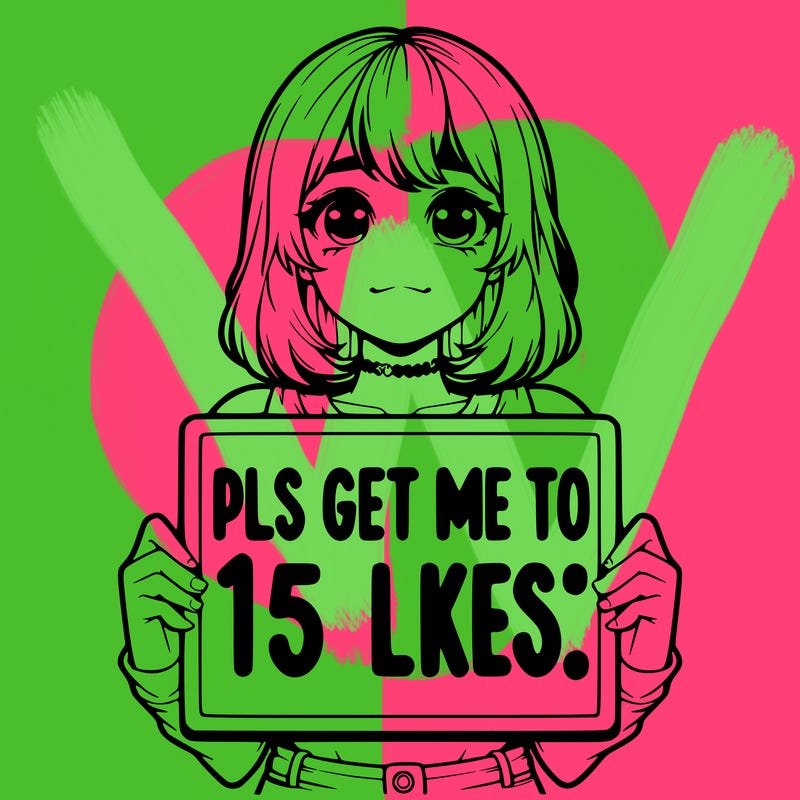 realistic girl holding up a sign that says “pls get me to 15 likes!”