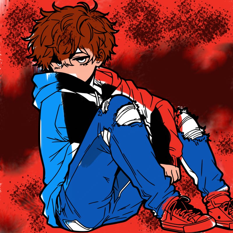 a male hoddie ripped jeans messy hair anime