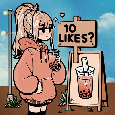 girl with oversized hoodie drinking boba and she has a high ponytail with a sign that says 10likes?