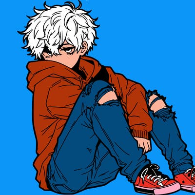 a male hoddie ripped jeans messy hair anime