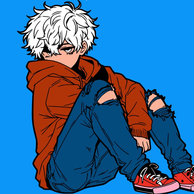 a male hoddie ripped jeans messy hair anime