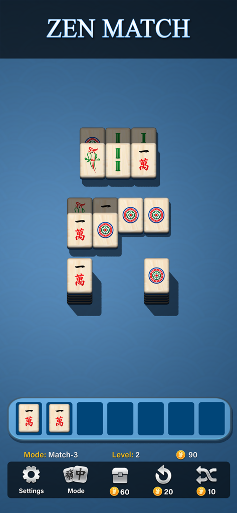 Pantalla del juego de emparejar Mahjong que muestra la jugabilidad de Zen Match con fichas grandes en modo vertical