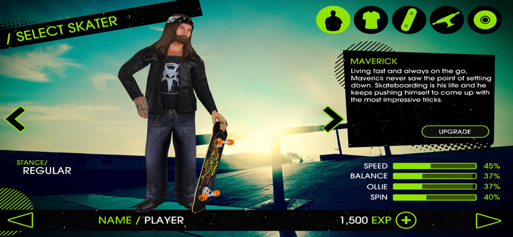 Menu di selezione personaggio di Skateboard Party 2 con lo skater Maverick e i suoi attributi di abilità.