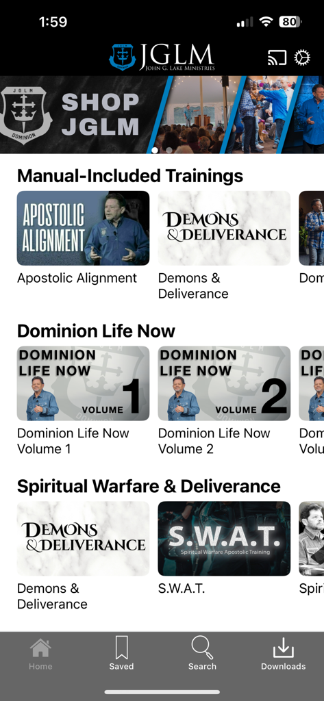 JGLM TV - Home screen of the JGLM TV mobile app featuring ministry training videos like Apostolic Alignment and Dominion Life Now.