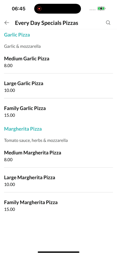 Amanti Pizza app menu displaying every day specials for garlic and margherita pizzas