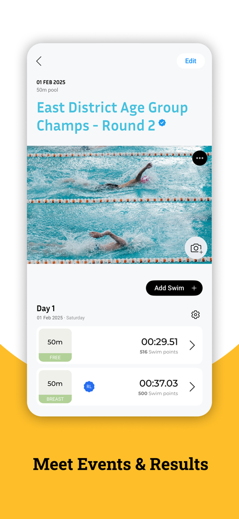 Swimpion: Swimming App - Swimpion mobile app interface displaying competitive swim meet results and event times for individual swimmers