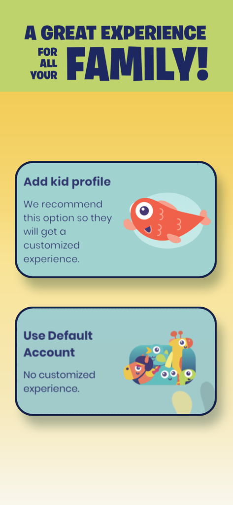 Minno app interface showing family profile setup with options to add a kid profile or use a default account.
