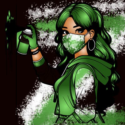 realistic girl with mask spray painting a wall