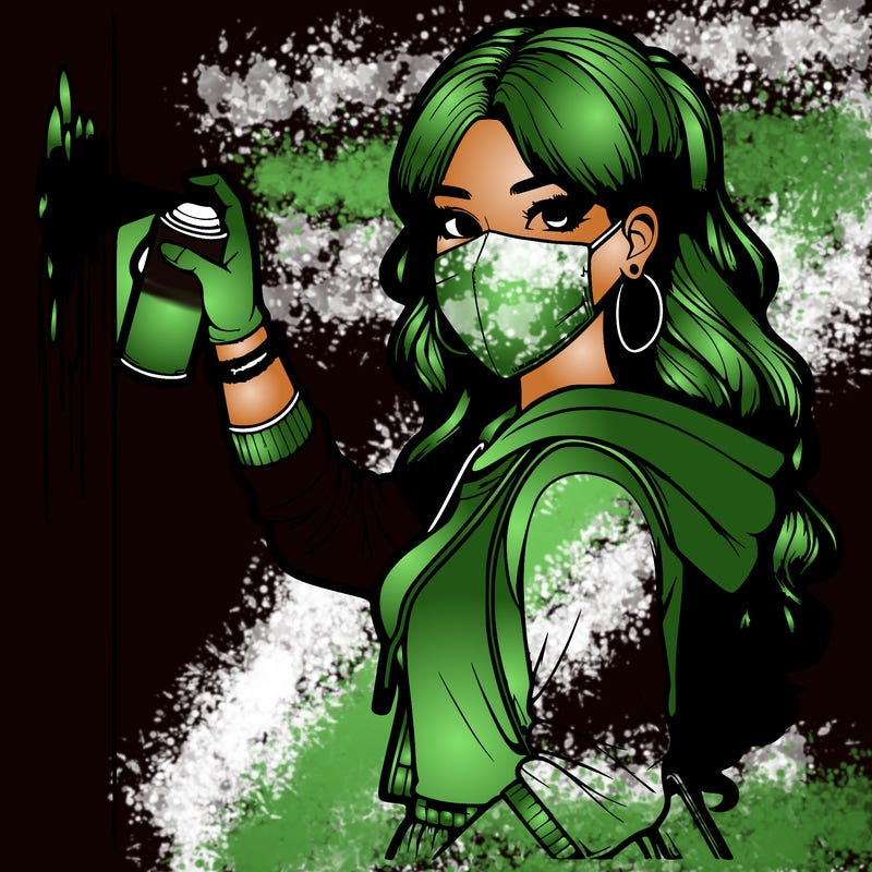 realistic girl with mask spray painting a wall