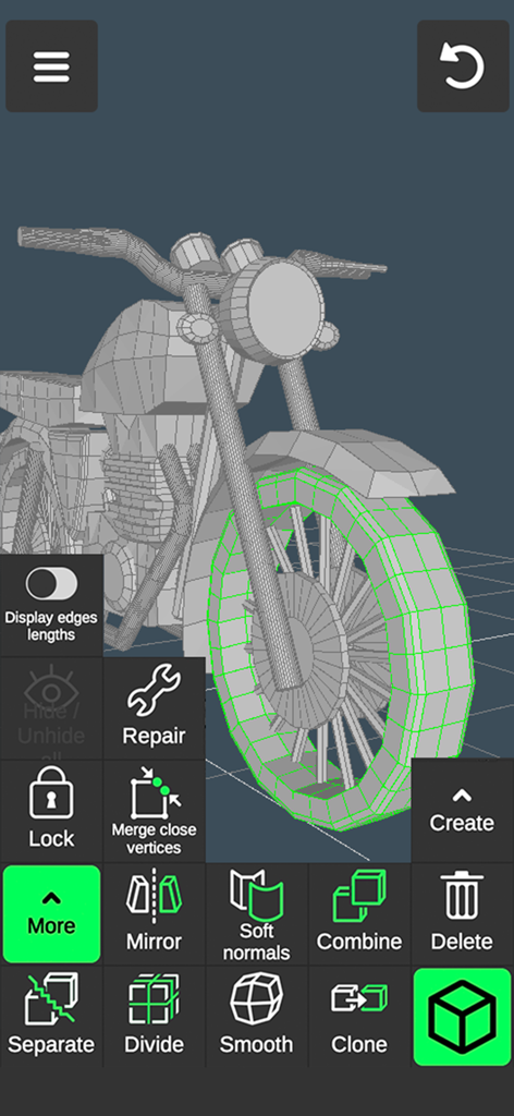 Interface of a mobile 3D modeling app showing a motorcycle model and editing tools