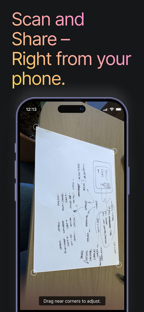 Jottacloud - Jottacloud mobile app interface showing the document scanner tool capturing a hand-drawn diagram