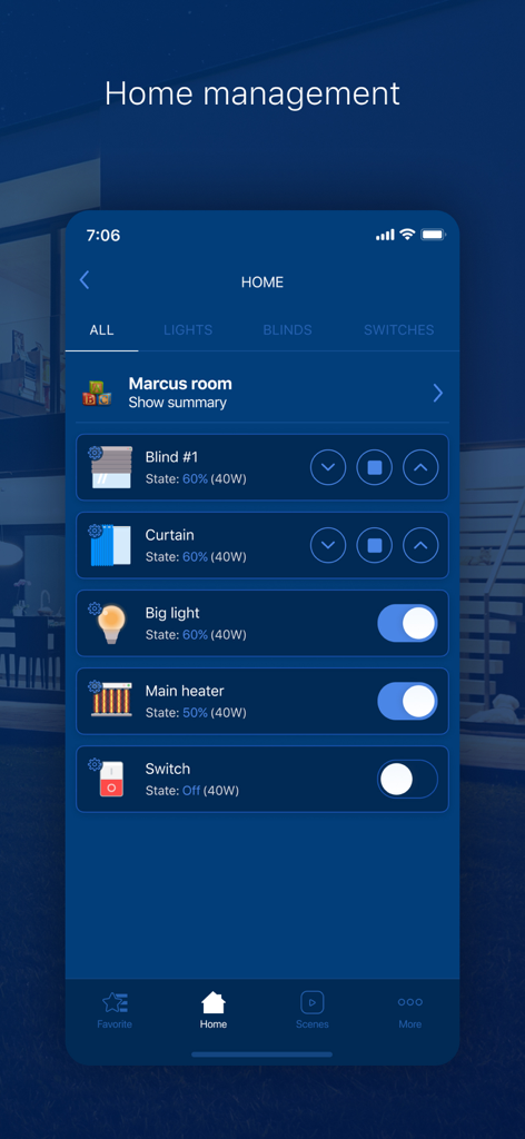 Interfaz de la aplicación Yubii Home Center mostrando controles de dispositivos de hogar inteligente para persianas, cortinas, iluminación y calefacción