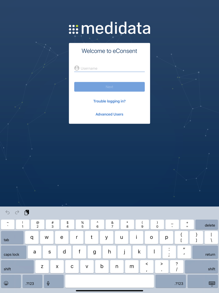 Login screen of the Rave eConsent app by Medidata on an iPad.