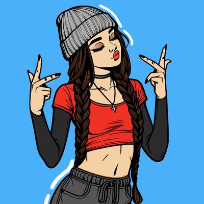 realistic teenage girl with braids and a beanie and crop top doing 🫶🏼