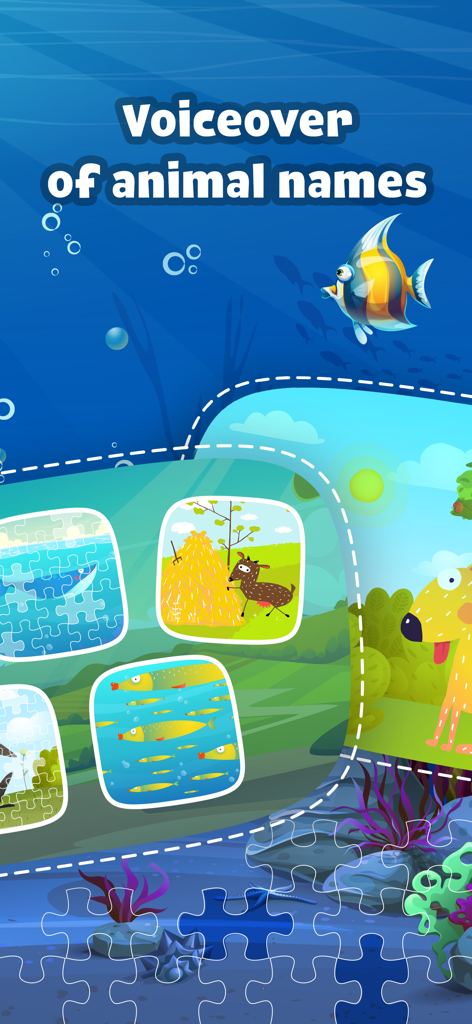 Kidify: Puzzle Games for Kids - Kidify app showing animal puzzles with voiceover feature