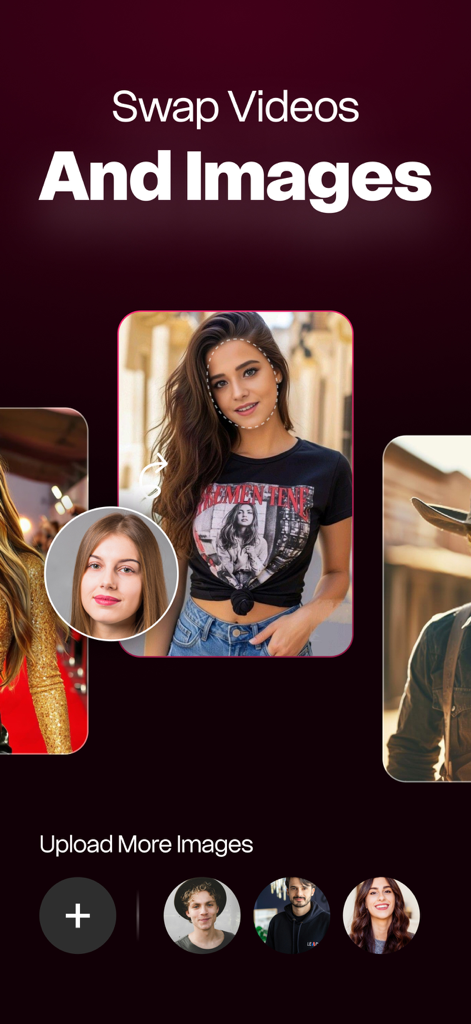 AI Deep Face Swap - SwapX - Mobile app interface for AI face swapping in videos and images