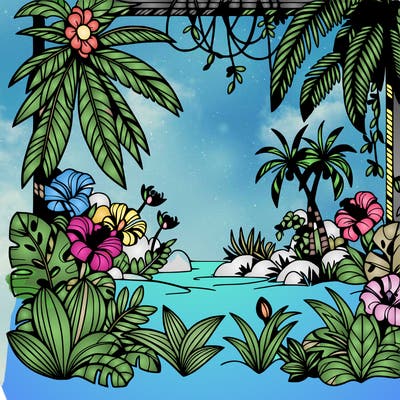 jungle with frame of exotic flowers