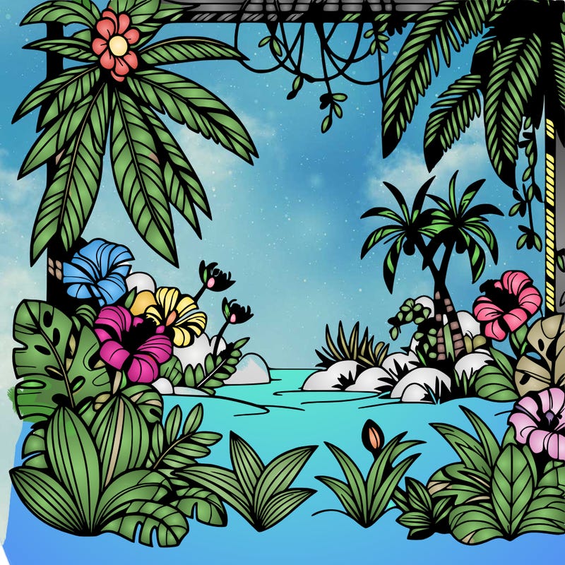 jungle with frame of exotic flowers