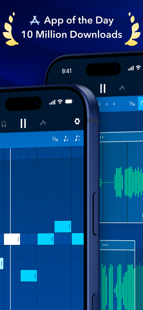 Medly - Interfaz de la aplicación Medly para producción musical en iPhone mostrando piano roll y ondas de audio con el premio App del Día