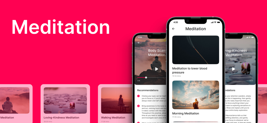 heart rate aрp - Interfaccia di meditazione dell'app battito cardiaco che mostra varie sessioni guidate per il rilassamento e la salute del cuore
