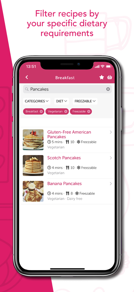 Baby Led Weaning Recipes - Pantalla de la aplicación que muestra recetas de tortitas para el desayuno filtradas por requisitos dietéticos.
