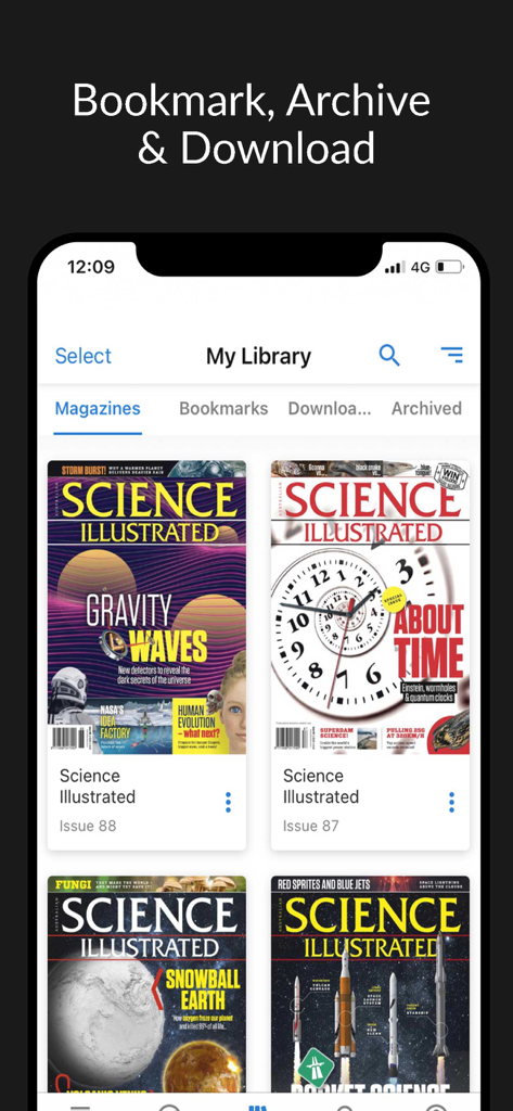 Science Illustrated - Science Illustrated app library showing various digital magazine issues like Gravity Waves and About Time