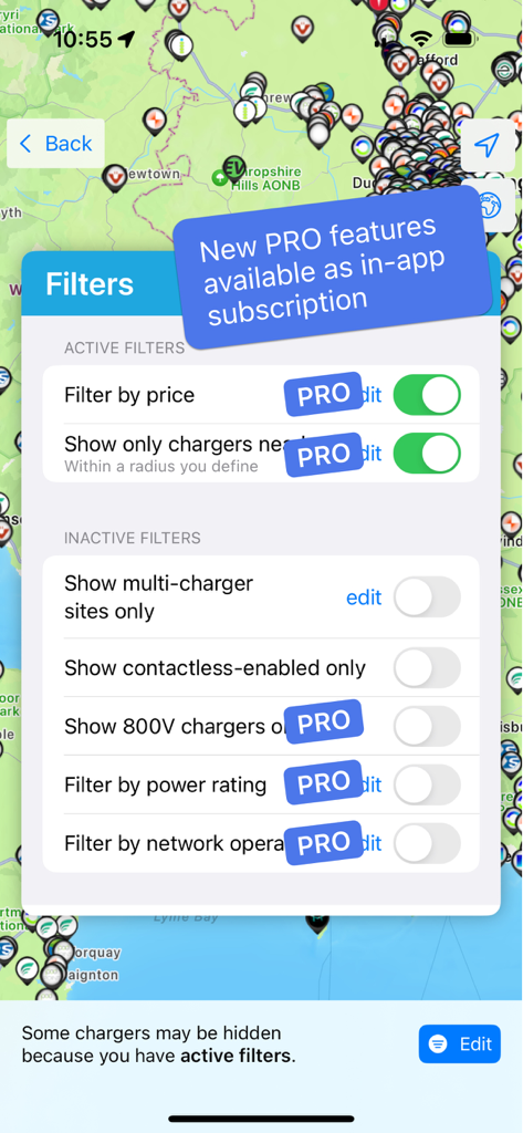 WattsUp app screen showing advanced EV charging filters and PRO subscription features.