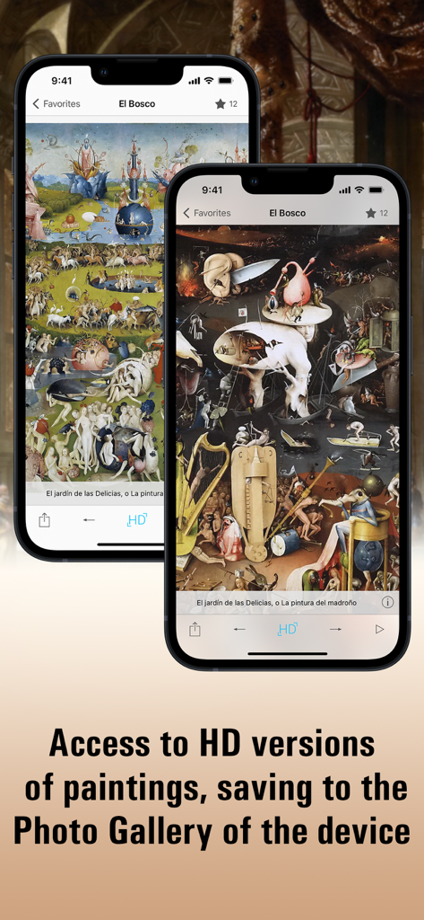 Prado Museum HD - Two iPhones displaying a high resolution zoom of Hieronymus Bosch painting in the Prado Museum app